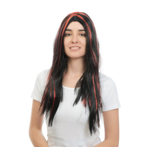 Hexen Perücke lang schwarz mit Strähnen