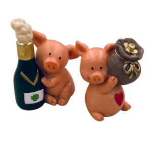 Schwein mit Geldsäckchen oder Sektflasche sort.