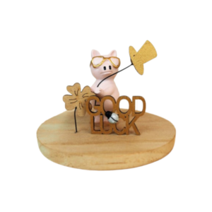 Gold Rosa "Good Luck" Schwein auf Holzscheibe