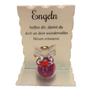 Glasengel mit buntem Körper und Zitaten sort.