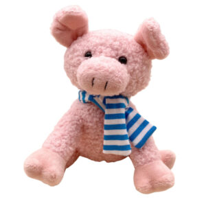 Sitzendes Plüschschweinchen mit Schal sort.