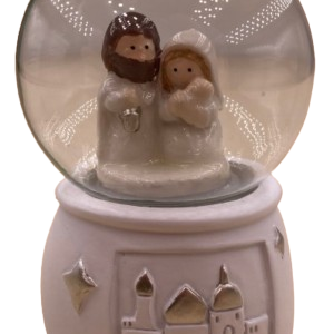 weiße Schneekugel mit Krippenfiguren