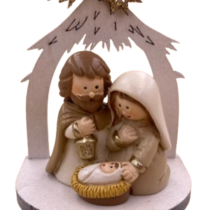 kleine weiße Holzkrippe mit Polyfiguren